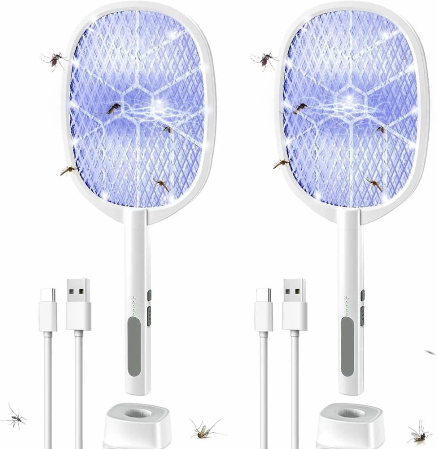 DEEZEE 2Pack Rechargeable Electric Mosquito Zapper Racket - 4000V Bug Zapper with Safety Net, 1200mAh Battery, Purple LED Light for Indoor & Outdoor Use