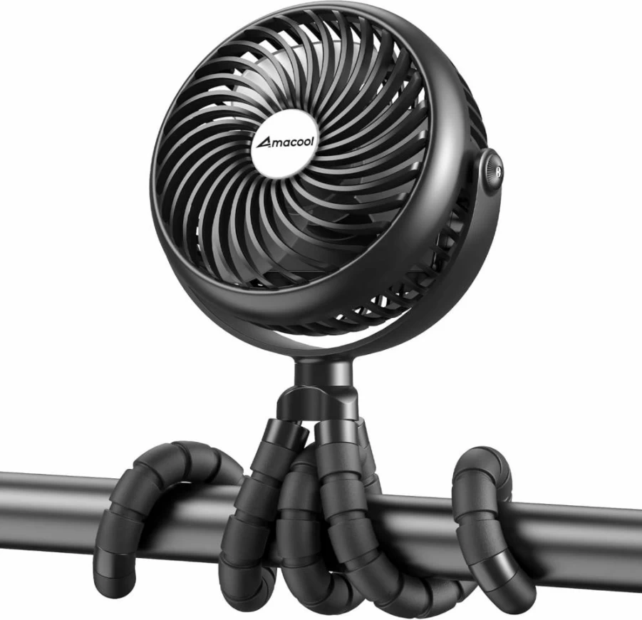 AMACOOL Rechargeable Baby Stroller Fan - 5000mAh Battery, 3-Speed Quiet Clip-On Fan, 360° Rotation for Car Seat, Crib, Bike, Travel, Treadmill, Beach Essentials