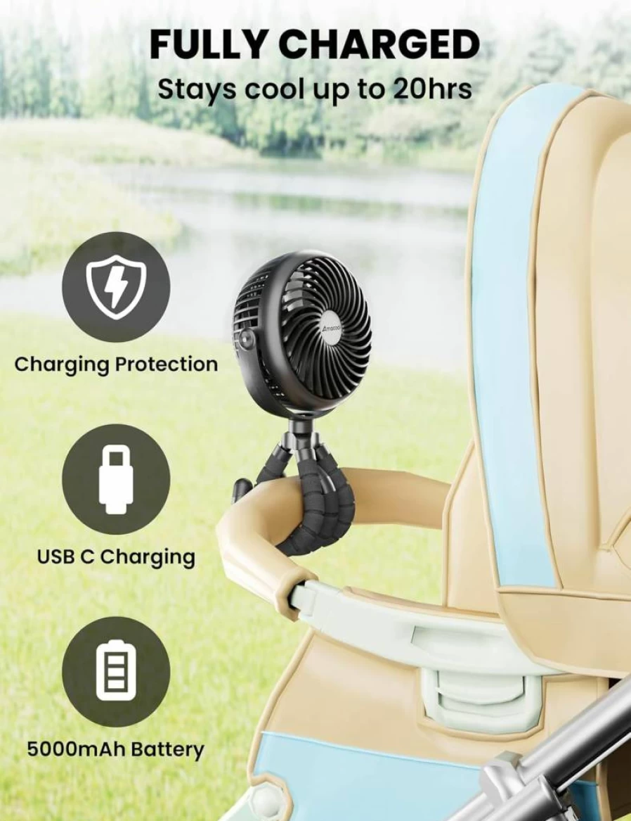 AMACOOL Rechargeable Baby Stroller Fan - 5000mAh Battery, 3-Speed Quiet Clip-On Fan, 360° Rotation for Car Seat, Crib, Bike, Travel, Treadmill, Beach Essentials