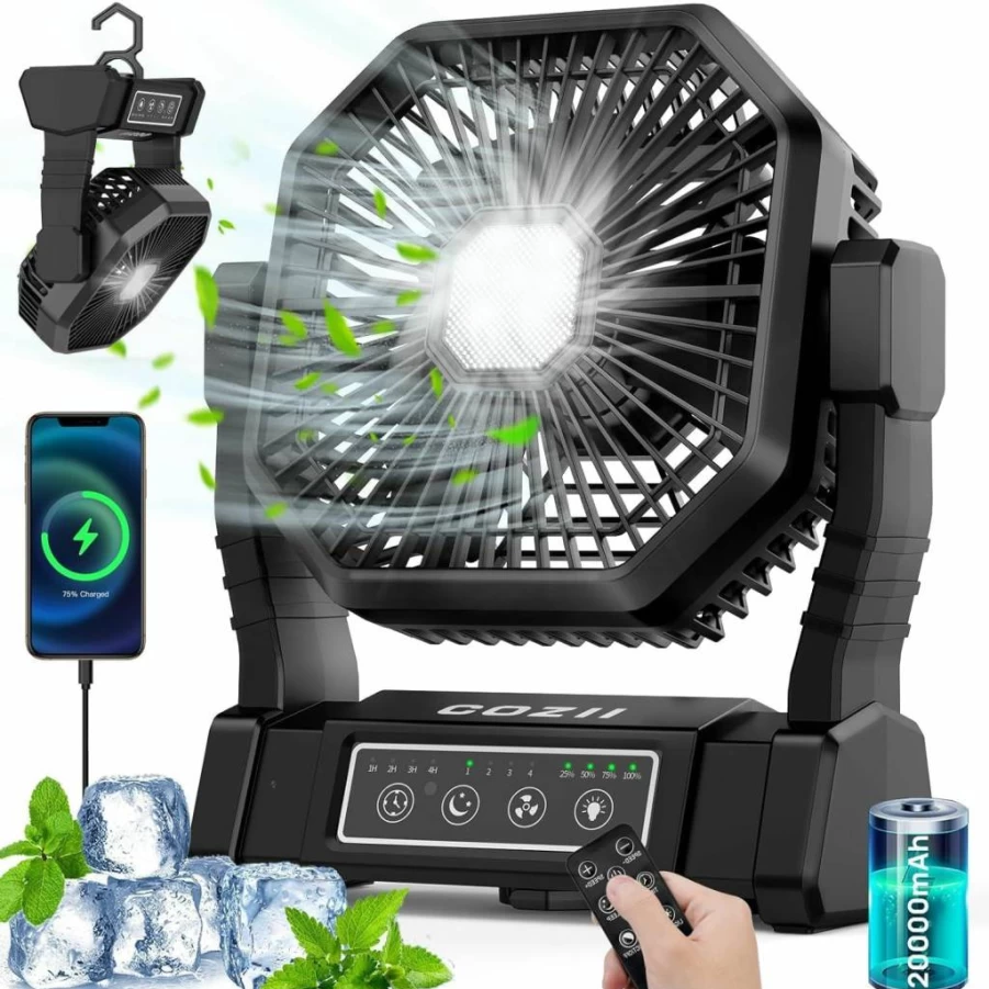 COZII 20000mAh Rechargeable Camping Fan with LED Lantern - 3 Speed Colors, 4 Speeds, Adjustable Head, Portable Battery Operated Fan for Tent, Beach, BBQ, Hiking, Travel Gear