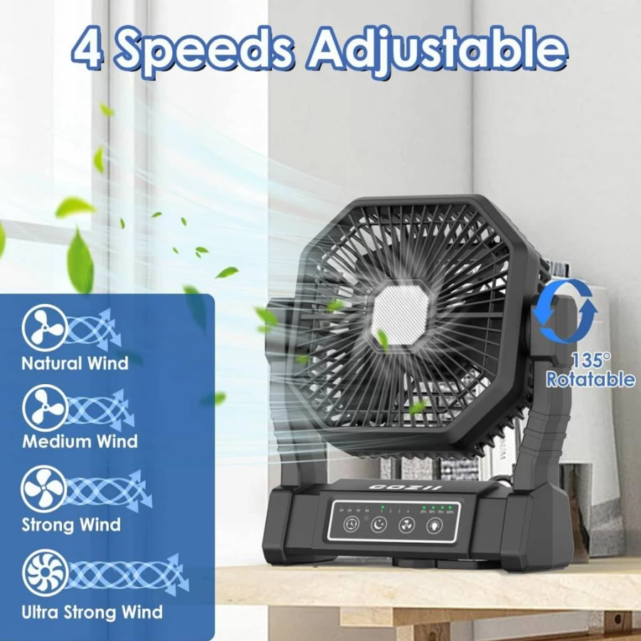 COZII 20000mAh Rechargeable Camping Fan with LED Lantern - 3 Speed Colors, 4 Speeds, Adjustable Head, Portable Battery Operated Fan for Tent, Beach, BBQ, Hiking, Travel Gear