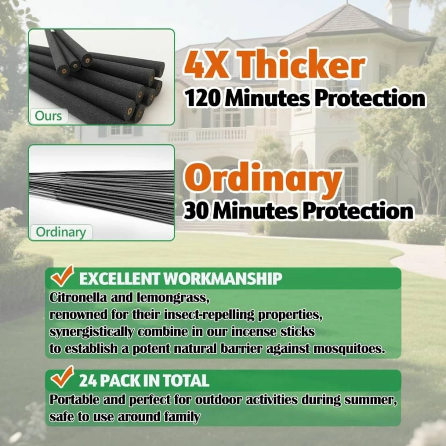 SEEKDIT 24-Pack Extra Large Citronella Mosquito Repellent Sticks for Outdoor & Indoor Use, Natural Insect Repellent with 2-Hour Burn Time, Pest Control for Patio, Garden, and Home
