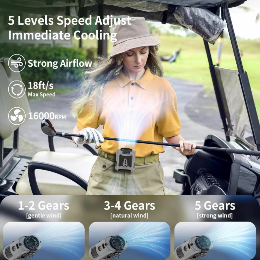 Socool Fan 10000mAh Wearable Belt Fan with Rechargeable Battery, 5 Speed Hands-Free Portable Fan for Outdoor Camping, Travel, and Hiking, Includes Flashlight & 40H Cooling (Gray)