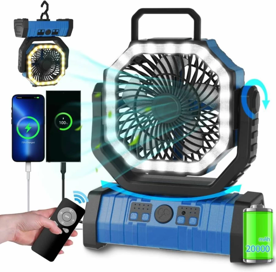 ADUST 20000mAh Portable Camping Fan with LED Lantern, 360° Rotation & Hanging Hook, Rechargeable Battery Operated Oscillating USB Desk Fan for Tent, Outdoor, Travel (Orange)