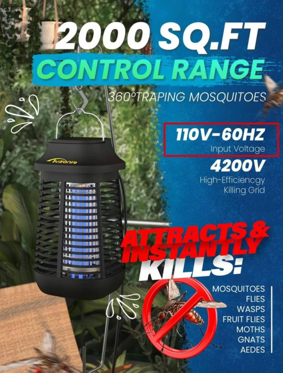 Tysonir 4200V Electric Bug Zapper for Indoor & Outdoor Use - 9.84Ft Cord, Waterproof Mosquito Killer Lamp with Light Bulb (3rd Gen)