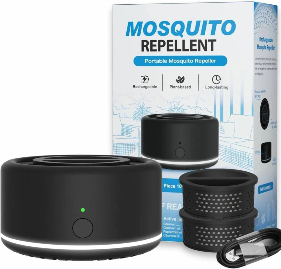 Virine Rechargeable Mosquito Repellent Device - 30 Ft Indoor & Outdoor Protection, Portable Bug Repeller for Camping, Hiking, Patio with 2 Refills (Black)