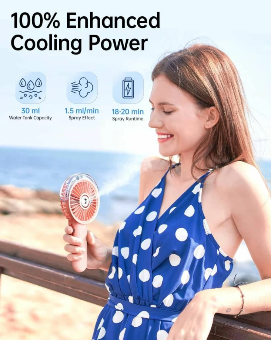 SWEETFULL Portable Misting Fan - 180° Foldable Handheld Fan with Mist Spray, 3 Speed Settings, USB Rechargeable, 30mL Water Tank for Travel, Camping, Office, and Outdoor Use