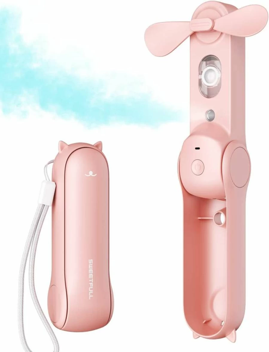 SWEETFULL Portable Handheld Misting Fan - Rechargeable Mini Spray Fan with Water Mist for Women, Kids, Travel, Outdoors, Camping, Hiking, Office (Pink)