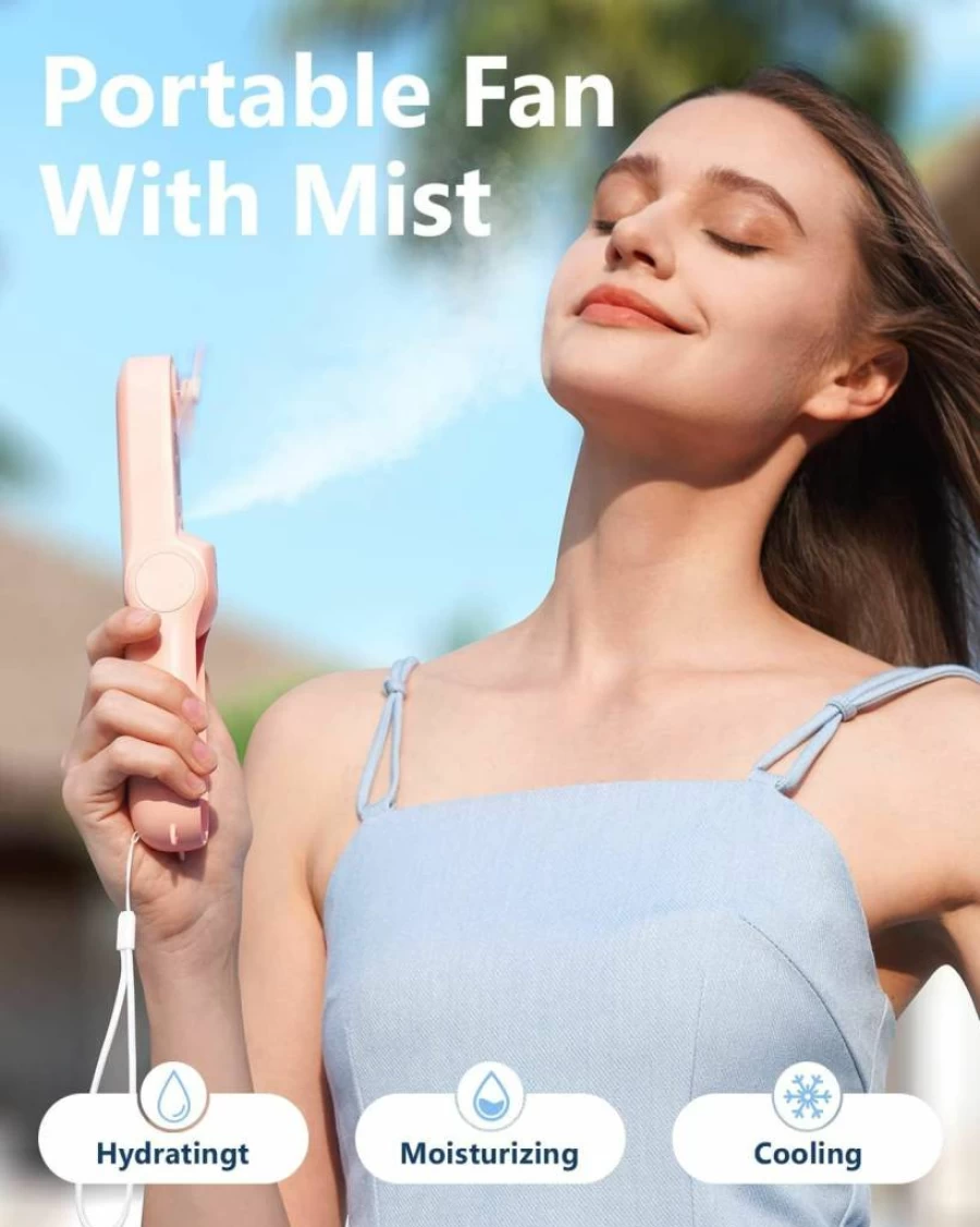 SWEETFULL Portable Handheld Misting Fan - Rechargeable Mini Spray Fan with Water Mist for Women, Kids, Travel, Outdoors, Camping, Hiking, Office (Pink)