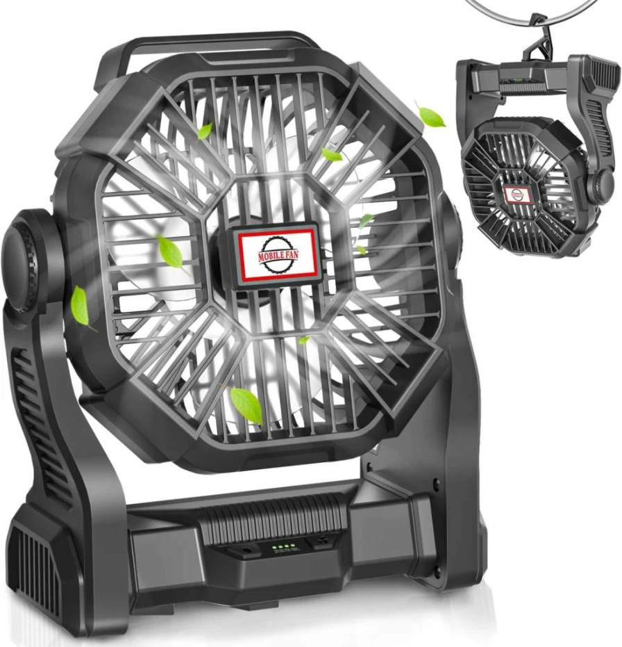 AEscod Portable Camping Fan with LED Light - 20000mAh Rechargeable Battery, 270° Rotation, Hanging Hook for Outdoor, Beach, Tent, Office, and Travel
