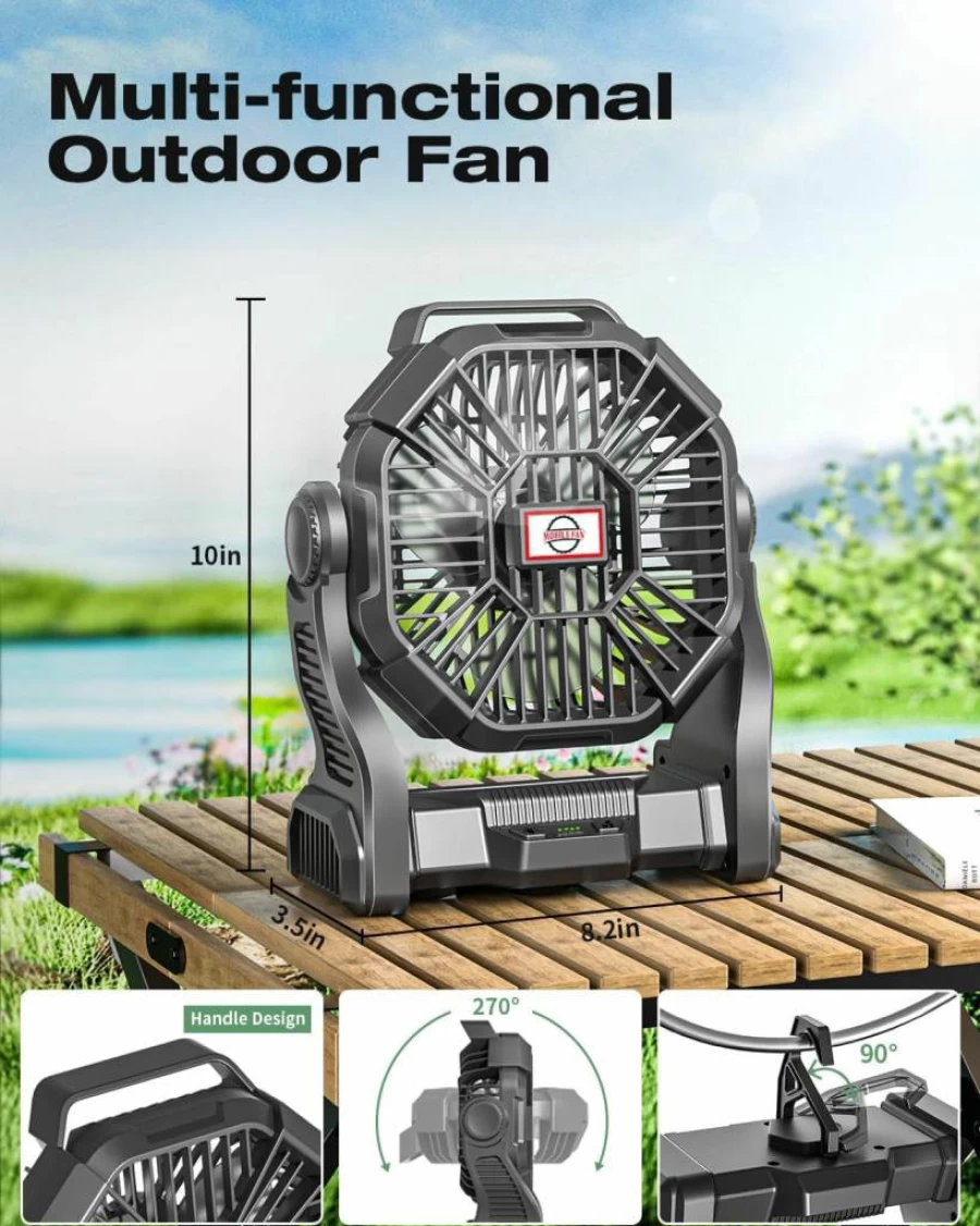AEscod Portable Camping Fan with LED Light - 20000mAh Rechargeable Battery, 270° Rotation, Hanging Hook for Outdoor, Beach, Tent, Office, and Travel