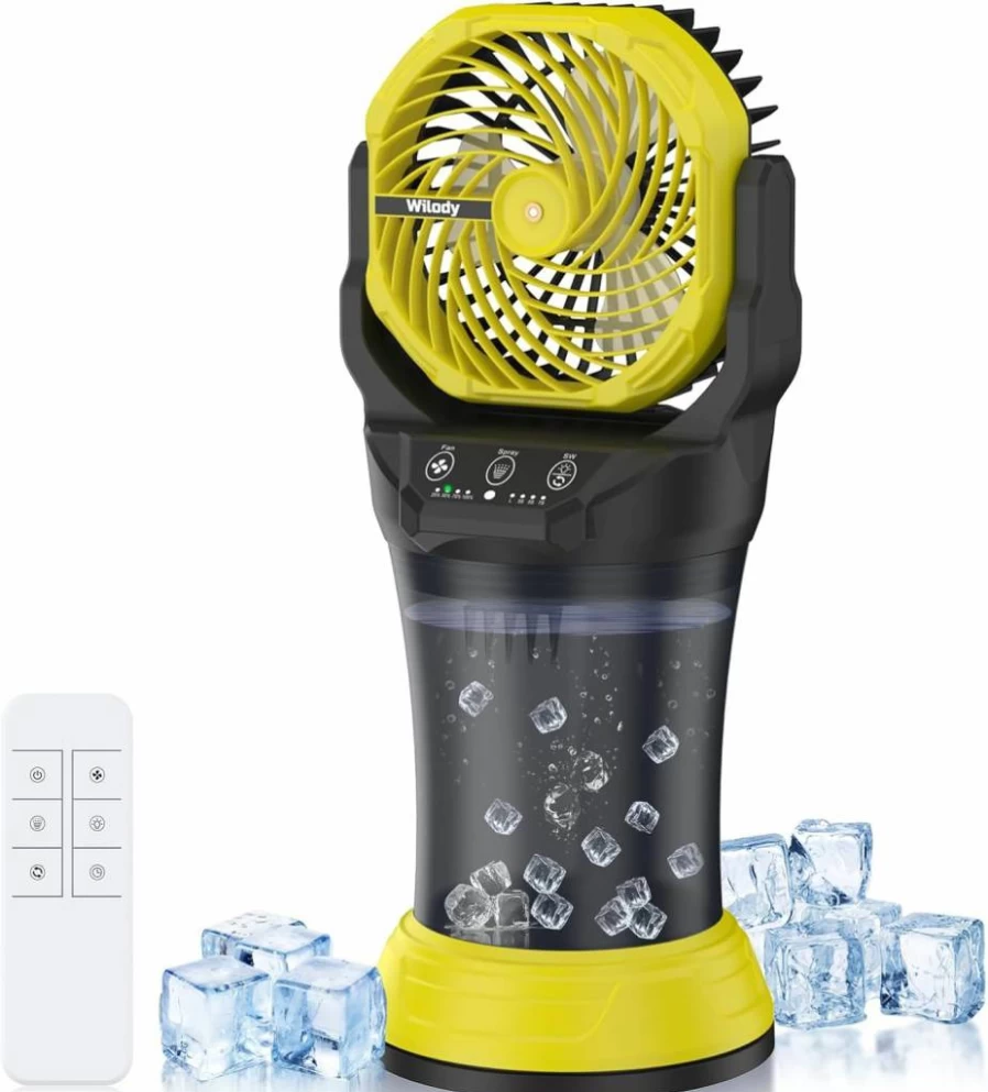Wilody Portable Misting Fan with 42,800mAh Battery, Remote Control, RGB Light, 2L Water Bucket, 120° Oscillation, Timer & Grip Handle for Camping & Outdoor