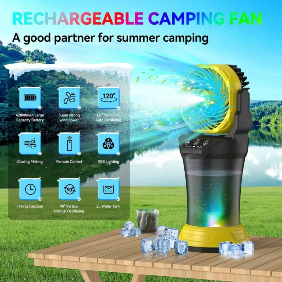 Wilody Portable Misting Fan with 42,800mAh Battery, Remote Control, RGB Light, 2L Water Bucket, 120° Oscillation, Timer & Grip Handle for Camping & Outdoor