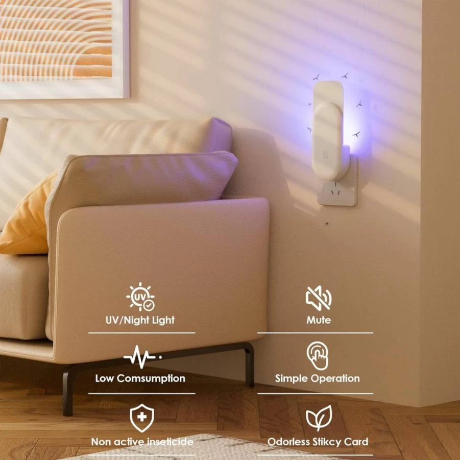 TIENBE 2-in-1 Indoor Flying Insect Trap with 6 Glue Cards - Plug-In Fruit Fly, Gnat, Moth & Mosquito Killer for Kitchen, Bathroom & Home