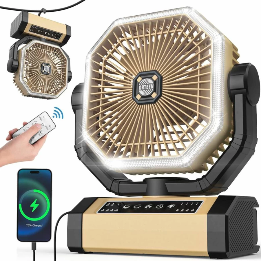 Orteen 9-Inch Rechargeable Camping Fan with Remote, 20000mAh Battery (60Hrs), 4 Speeds & Auto Oscillation, Portable Tent Fan for Outdoor Use, LED Light, 4 Timing Modes, Cordless Battery Powered Fan