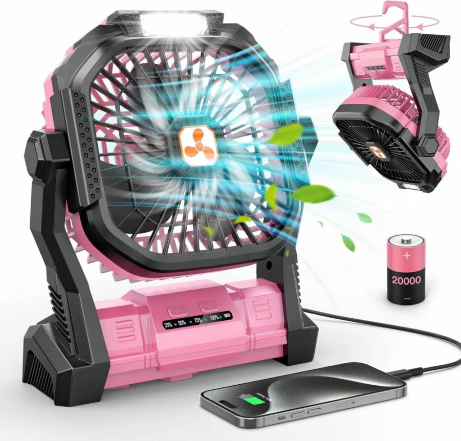 ONLYNEW Portable Rechargeable Fan with LED Light, 20000mAh USB-C Battery Operated, for Camping, Travel, Home, Office, and Outdoor Activities