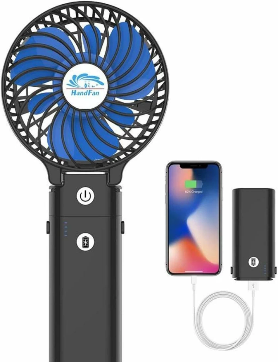 HandFan 5200mAh Rechargeable Portable Handheld Fan with Power Bank - 3 Speed Foldable Mini Fan, 20H Long-Lasting Battery Operated Personal Fan for Travel, Summer, Office, Outdoor, Black & Blue