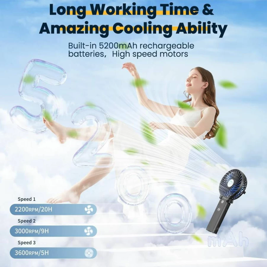 HandFan 5200mAh Rechargeable Portable Handheld Fan with Power Bank - 3 Speed Foldable Mini Fan, 20H Long-Lasting Battery Operated Personal Fan for Travel, Summer, Office, Outdoor, Black & Blue
