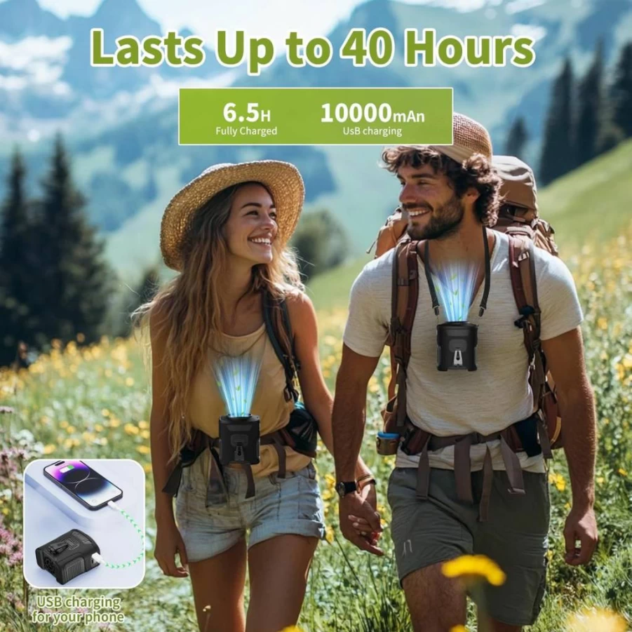 LEAEYFE Rechargeable Hands-Free Waist Fan with 10000mAh Power Bank, 5-Speed Portable Neck Fan for Outdoor, Camping, Jobsite, Quiet Clip-On Cooling Fan Gift for Men Women