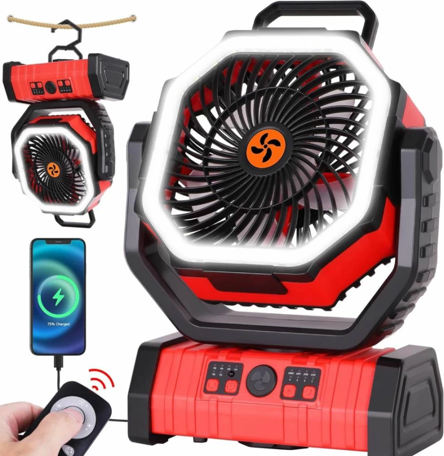 TDLOL 20000mAh Portable Camping Fan with LED Light, 360° Oscillating, 8H Timer, Rechargeable Battery Powered Fan for Outdoor, Hanging Hook, Camping Essentials