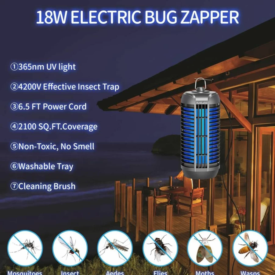 Avokadol 18W Bug Zapper for Indoor & Outdoor Use - 4200V Mosquito Trap with 6.5ft Cord Covers 2100 Sq.Ft, Ideal for Backyard, Garden, Patio - Powerful Electric Fly Killer for Home Protection