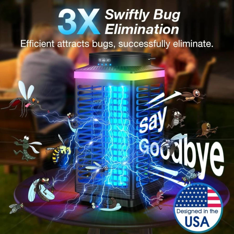 Echet Cordless Bug Zapper Outdoor - 4200V Electric Mosquito Killer, Rechargeable & Waterproof IP67, Portable Fly Zapper with LED Blue Light for Camping, Patio, and Indoor Use, Black