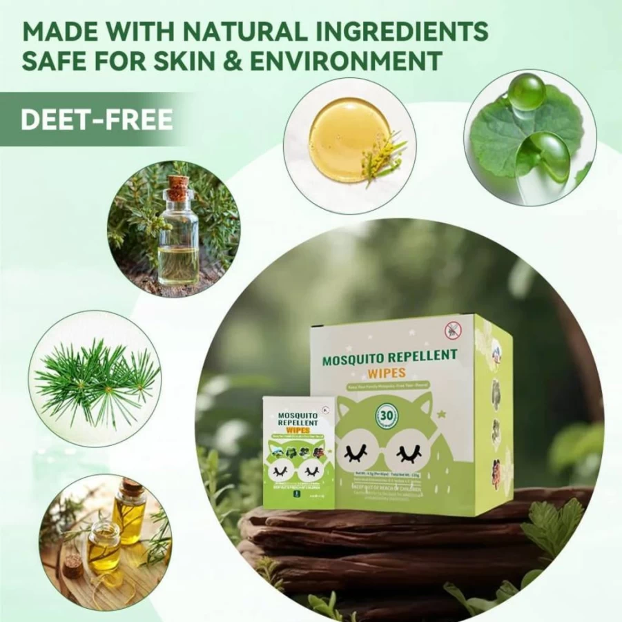 FLODTEEK 30 Pack Natural Mosquito Repellent Wipes - Plant-Based Essential Oil Insect Protection, Individually Wrapped for Outdoor Camping & Travel, Long-Lasting Bug Spray Alternative