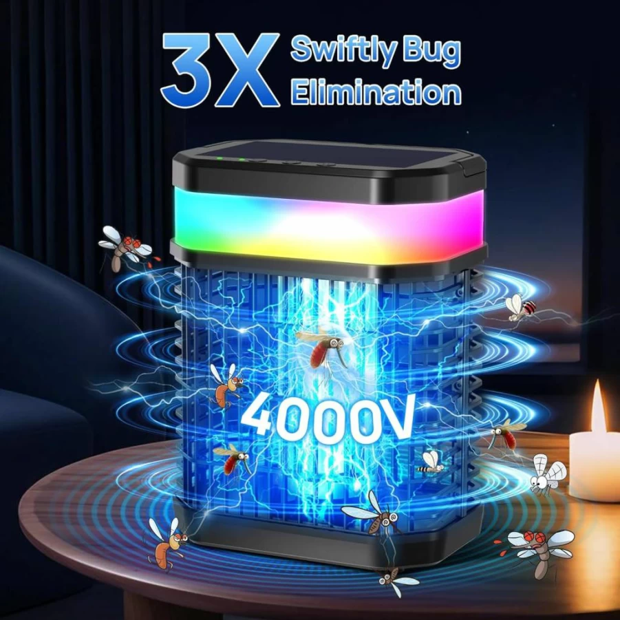 Fluencara Rechargeable Solar Bug Zapper - 4000V Mosquito Killer with RGB Light, USB Cordless Fly Trap for Outdoor Indoor Use in Patio, Garden, Camping & Backyard