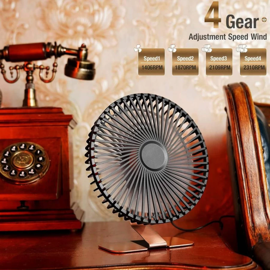 SLENPET 6 Inch USB Desk Fan with Adjustable Tilt, 4 Speed Settings, Ultra-Quiet Operation, 90-Degree Rotation, Portable Metal Base, Silver - Compact Cooling for Office & Home