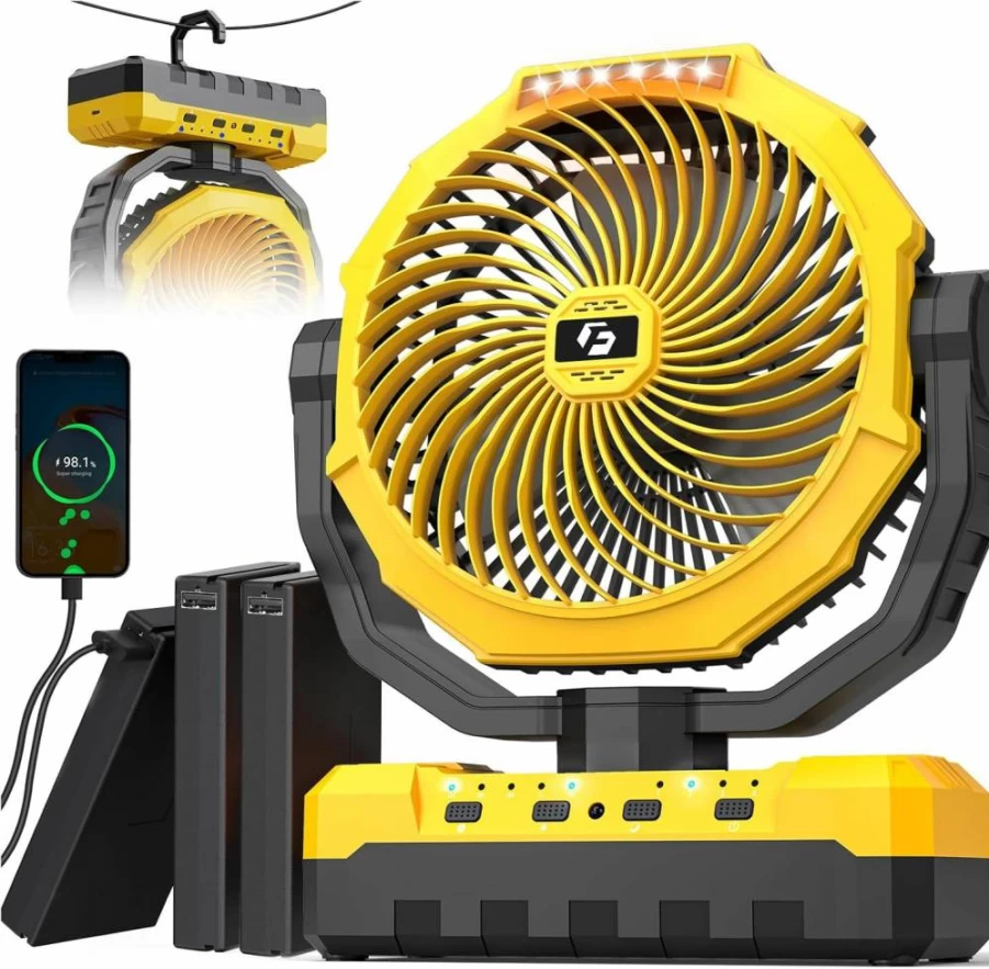 Korbot 36000mAh Portable Camping Fan with Detachable Battery, 150Hrs Runtime, 4 Speed Settings, LED Light & Remote Control, Ideal for Tent, Travel, Office, and Jobsite