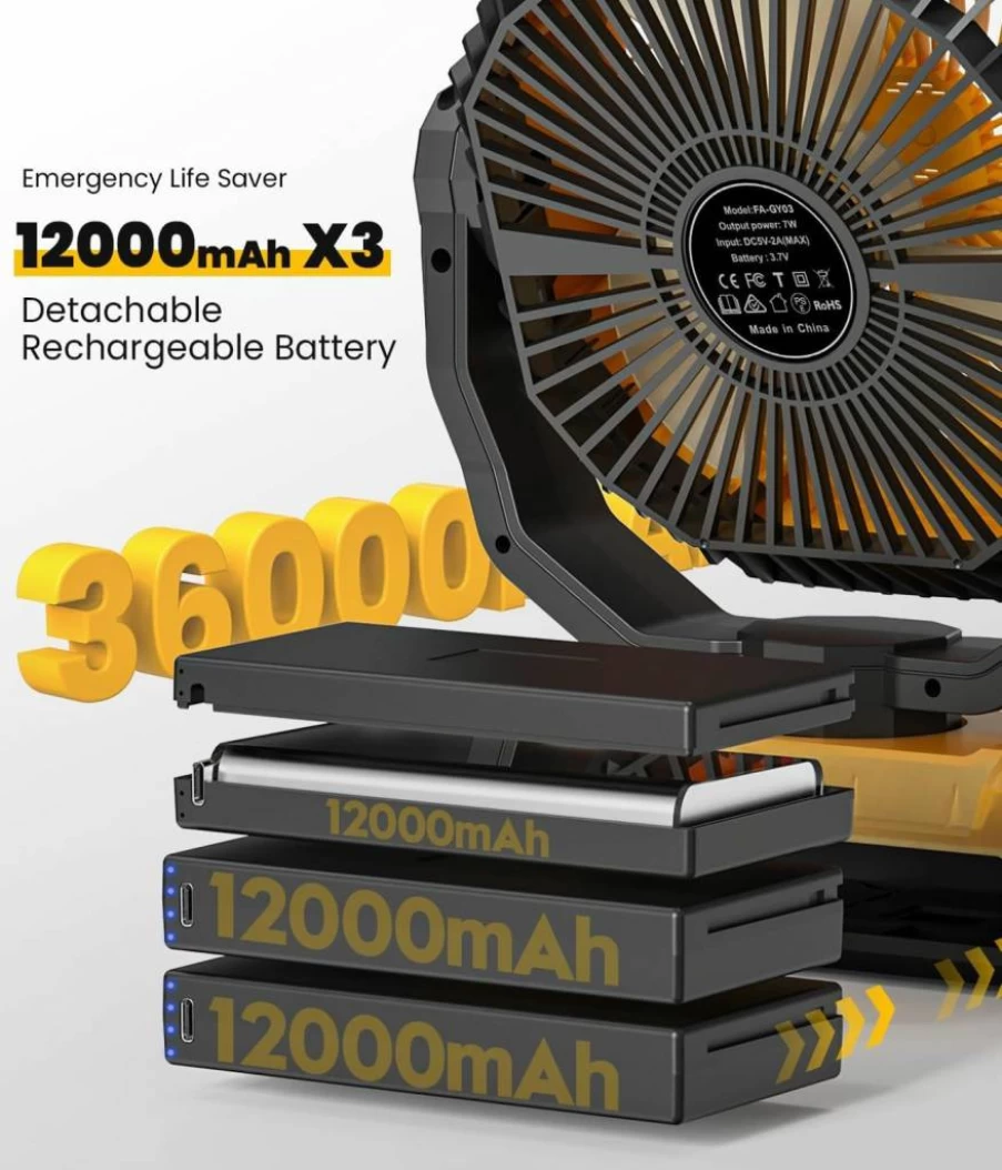 Korbot 36000mAh Portable Camping Fan with Detachable Battery, 150Hrs Runtime, 4 Speed Settings, LED Light & Remote Control, Ideal for Tent, Travel, Office, and Jobsite