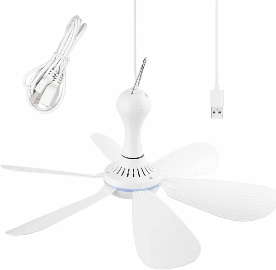 SCOOYEEES Silent USB Ceiling Fan with Remote - 4 Speed, Quiet DC Hanging Fan for Camping, Bedroom, RV, Tent, Canopy, Plug in Powered, Timing Function