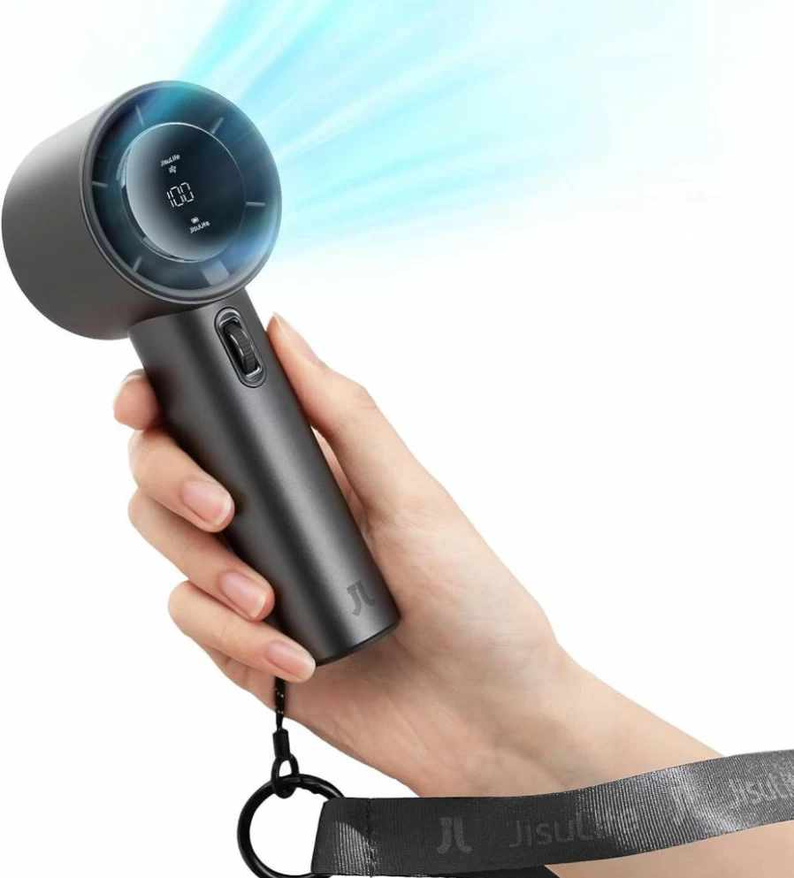 JISULIFE Portable Handheld Fan with 5000mAh Rechargeable Battery, 100-Speed Adjustable Mini Fan, Metal Body & Digital Display for Travel, Camping, Outdoor - Grey