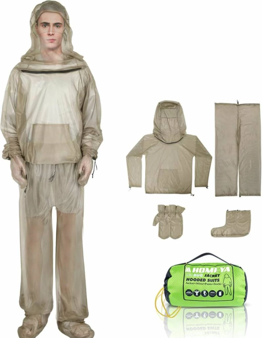 HOMEYA Bug Jacket for Men & Women - Anti Mosquito Netting Suit with Hood Zipper, Ultra-Fine Mesh Pants, Mitts & Socks - Includes Carry Pouch for Hunting, Fishing Outdoor Protection