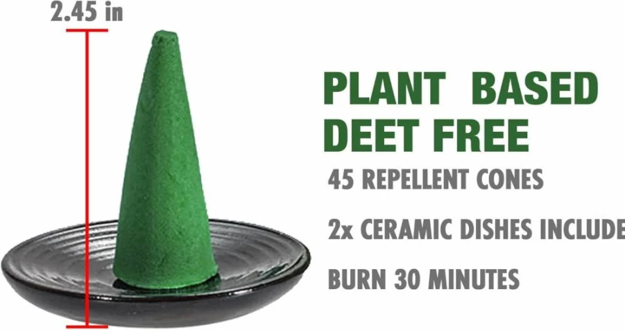 Mosquito Guard 45Pcs Plant-Based Mosquito Repellent Incense Cones with 2 Ceramic Dishes - DEET-Free Outdoor Patio Bug Protection