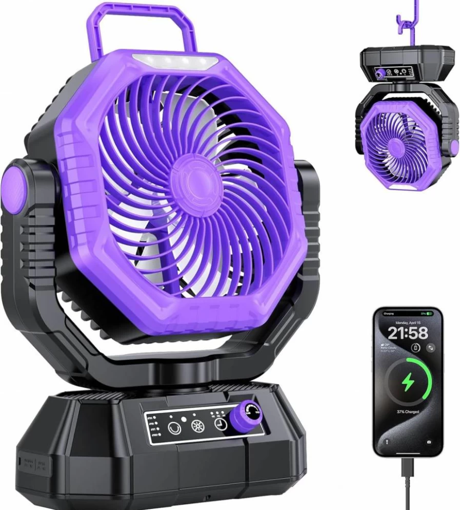 AJVV 20000mAh Portable Camping Fan with USB Light, Rechargeable Battery Powered Desk Fan, Adjustable Stepless Speed for Outdoor, Home, Tent, Fishing