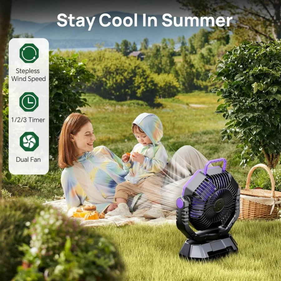AJVV 20000mAh Portable Camping Fan with USB Light, Rechargeable Battery Powered Desk Fan, Adjustable Stepless Speed for Outdoor, Home, Tent, Fishing