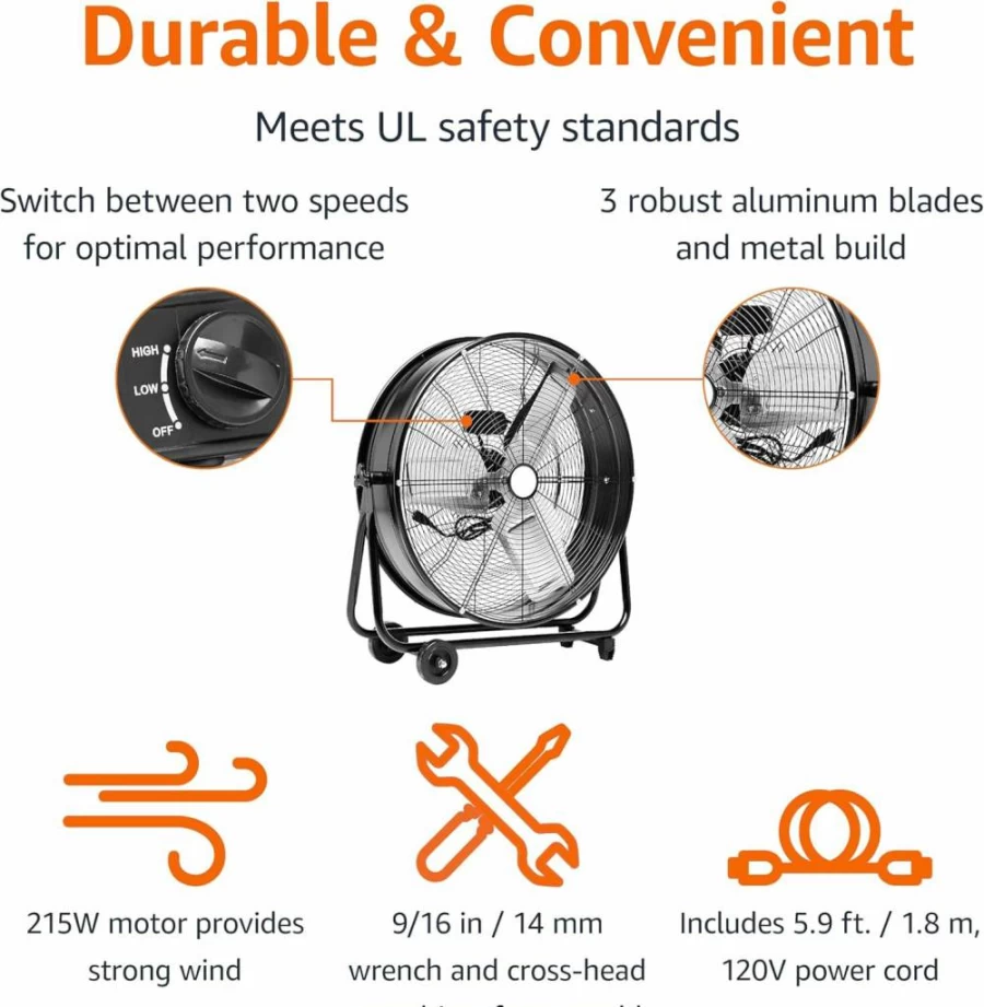Amazon Basics 24" Industrial Drum Fan - 215W High-Velocity Metal Blades, 2 Speed Settings, UL Certified, 8820 CFM Airflow, Heavy-Duty with Wheels & 5.9-Ft Cord, Black