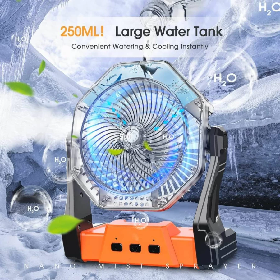 Ausic 8-Inch Rechargeable Portable Misting Fan with LED Light - Battery Powered Outdoor Cooling Fan for Patio, Beach, Camping & Travel