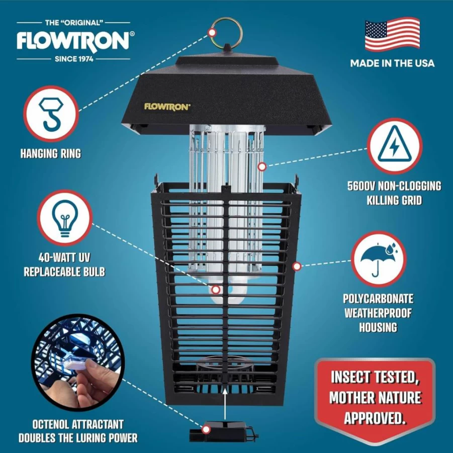 Flowtron Electric Bug Zapper – 40W Bulb, 5600V Grid for Instant Mosquito, Fly & Insect Killer – Covers 1 Acre, Outdoor Use, Made in USA