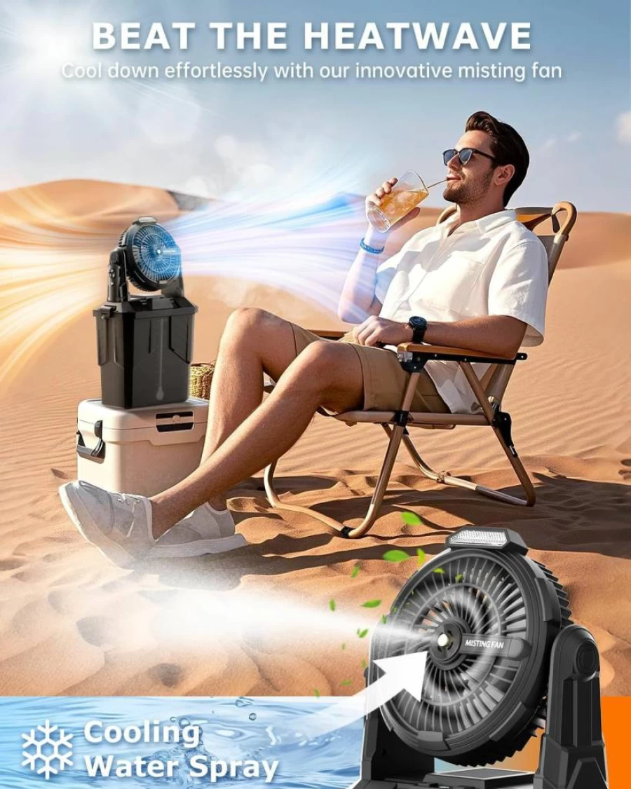 DUSFAN 6L Portable Misting Fan with Remote, 20000mAh Rechargeable Battery, 270° Adjustable Outdoor Cooling Fan for Patio, Camping, Hanging with LED Light