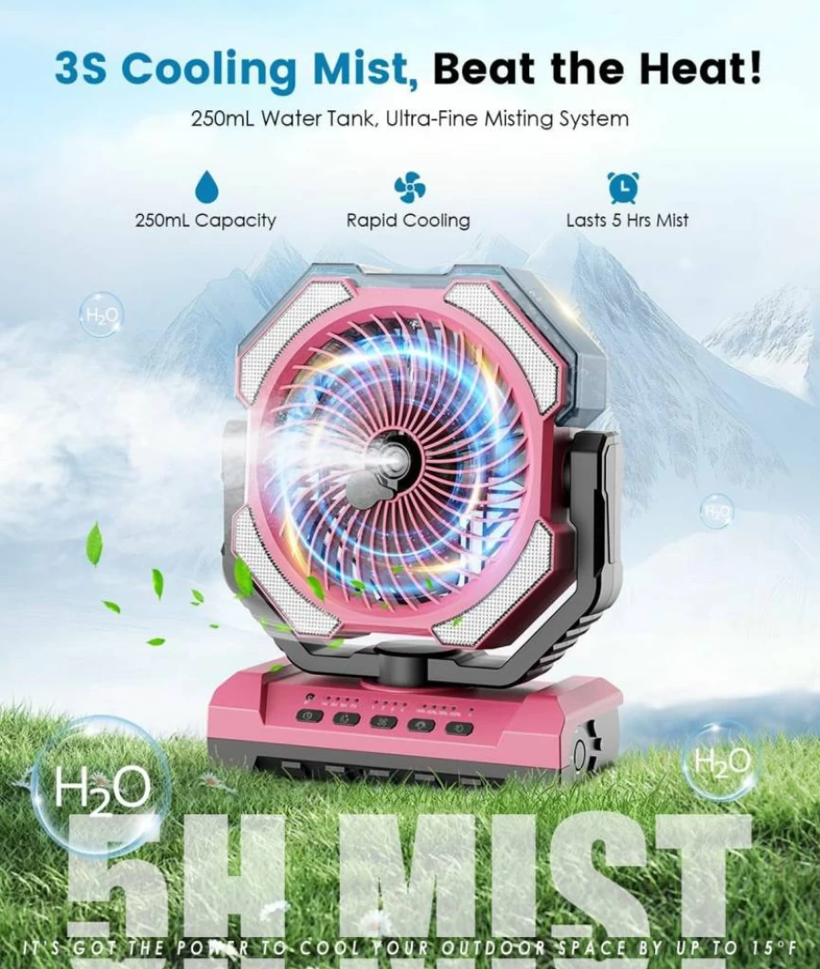Aopircs 30000mAh Portable Camping Fan with Misting, 9Oz Water Tank, 4 Speeds, 120H Cooling, Rechargeable Battery for Outdoor, Travel, Patio, and Fishing