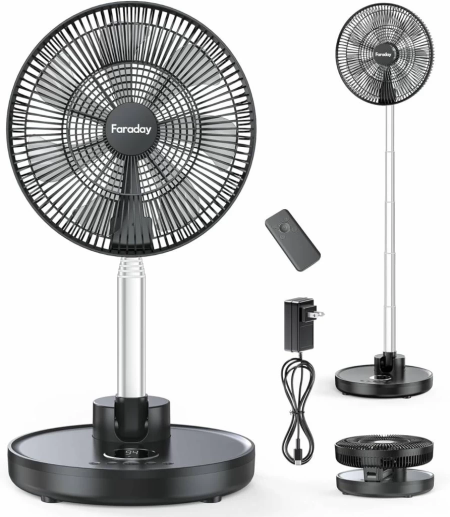 FARADAY 12" Oscillating Rechargeable Floor Fan with Remote, 12000mAh Battery, 6 Speed Settings, Timer, Height Adjustable, Foldable Design for Bedroom, Home, Office - Quiet Portable Pedestal Fan