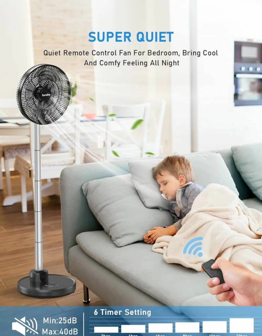FARADAY 12" Oscillating Rechargeable Floor Fan with Remote, 12000mAh Battery, 6 Speed Settings, Timer, Height Adjustable, Foldable Design for Bedroom, Home, Office - Quiet Portable Pedestal Fan