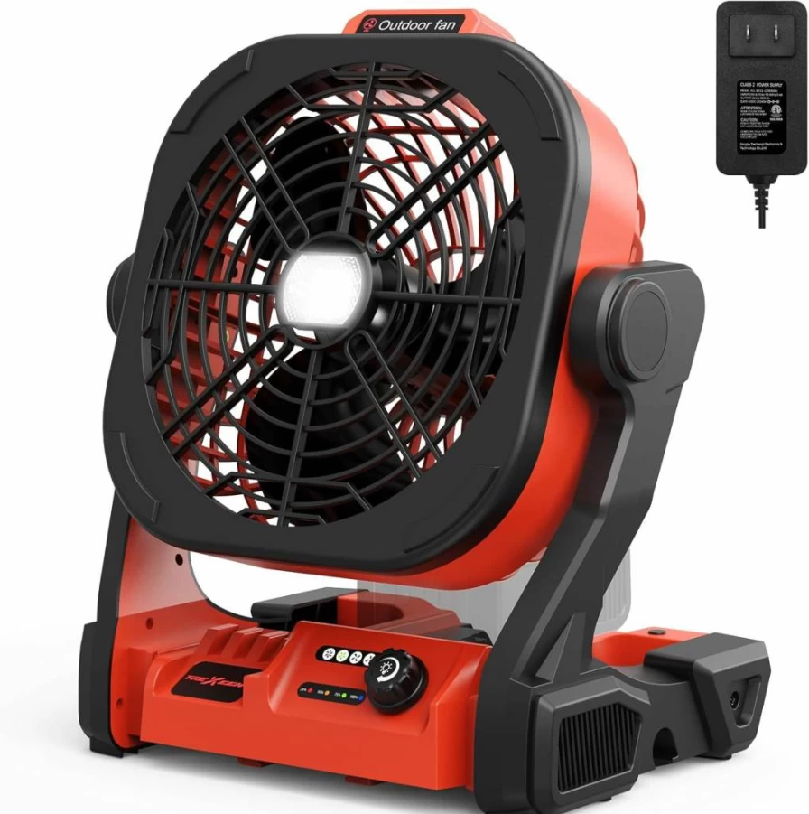 TREXEEN M18 Cordless Portable Fan with AC Adapter, 4 Speed Settings, LED Lights & Hook - Battery Powered Camping Fan for Outdoor, Jobsite, Milwaukee M18 Compatibility (Battery Not Included)