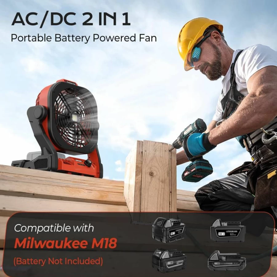 TREXEEN M18 Cordless Portable Fan with AC Adapter, 4 Speed Settings, LED Lights & Hook - Battery Powered Camping Fan for Outdoor, Jobsite, Milwaukee M18 Compatibility (Battery Not Included)