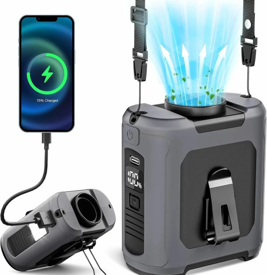 AIDIAM 2025 Portable Neck & Waist Fan - 10000mAh Rechargeable, 40H Runtime, 5-Speed Brushless Motor, Hands-Free Cooling for Outdoor, Camping, Worksites
