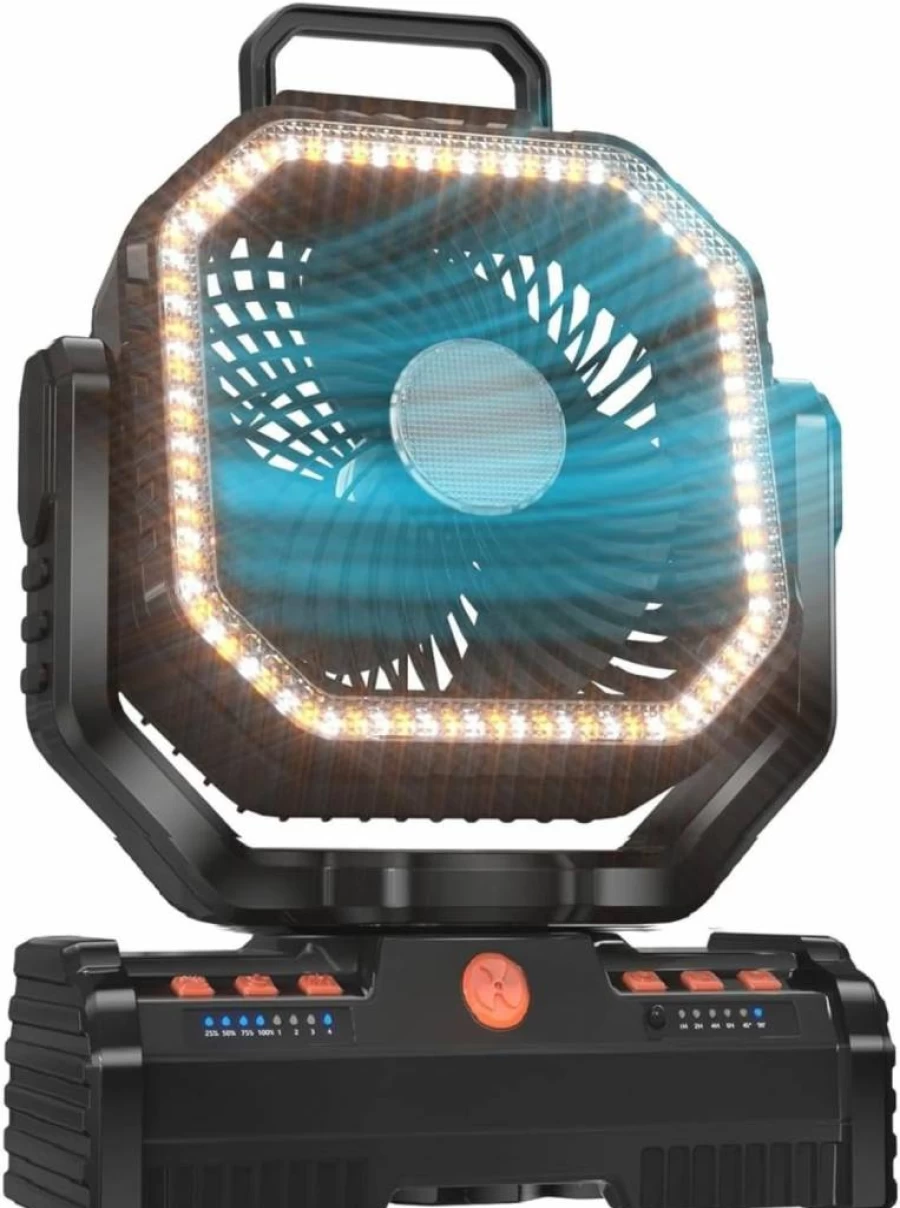 EEIFO 12 Inch Portable Camping Fan with 40000mAh Battery, 4 Speed Settings, LED Light (Cool/Warm/SOS), Auto Oscillating, 360° Rotating Hook for Outdoor, Indoor, Emergency - Orange