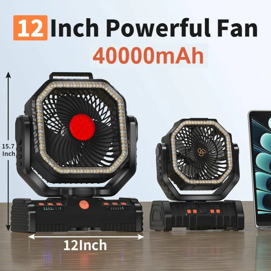 EEIFO 12 Inch Portable Camping Fan with 40000mAh Battery, 4 Speed Settings, LED Light (Cool/Warm/SOS), Auto Oscillating, 360° Rotating Hook for Outdoor, Indoor, Emergency - Orange