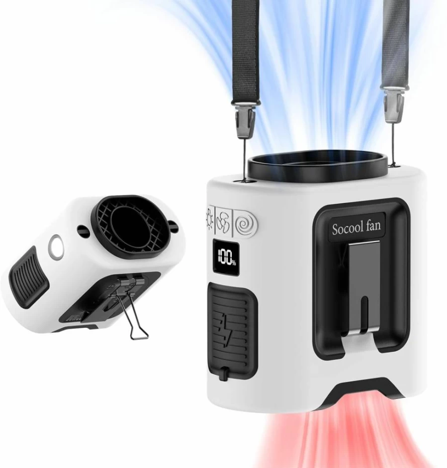 Socool Fan 14500mAh Rechargeable Wearable Neck Fan with 360° Rotation, 5-Speed Cooling, 67H Battery Life, Clip-On Design for Outdoor, Camping, and Jobsites - Hands-Free Portable Shirt Fan with LED Light